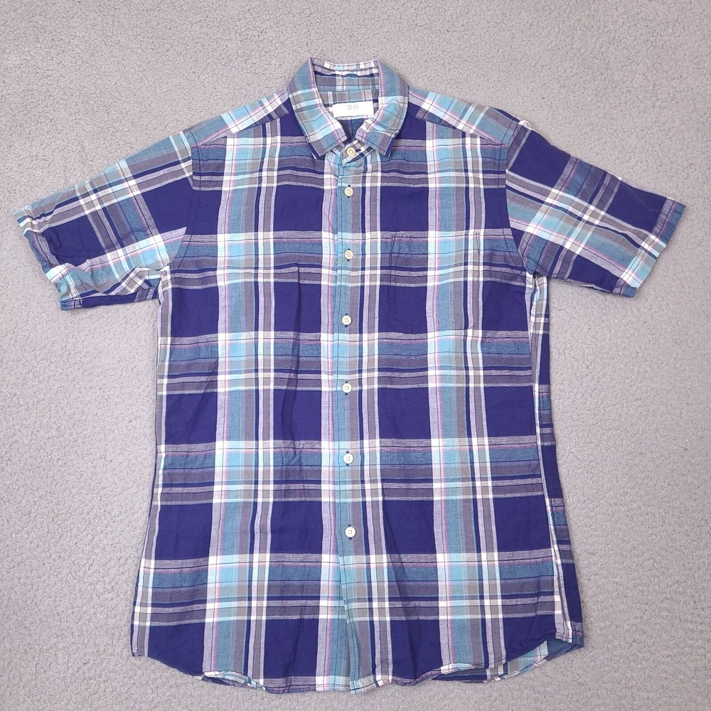 Uniqlo Linen Blend Plaid Short‎ Sleeve Shirt Mens Medium Breathable Preppy Blue